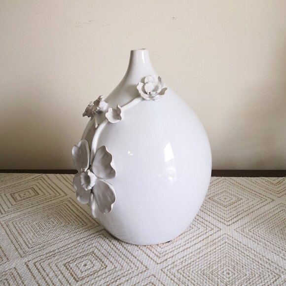 Pier 1 Embossed Floral Ceramic Vase White 6" Dia. 11" H - Picture 3 of 4